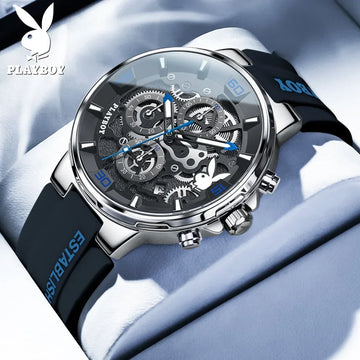 PLAYBOY Fashion Top Brand Luxury Silicone Sport Watch Quartz Date Waterproof Wristwatch Chronograph Mens Watches